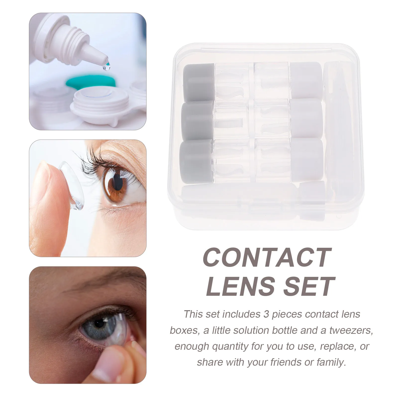 3Pcs Lens Cases Set Small Lightweight Plastic Storage Holder Kit Solution Bottle Tweezers Travel Portable Lens Organizer Box