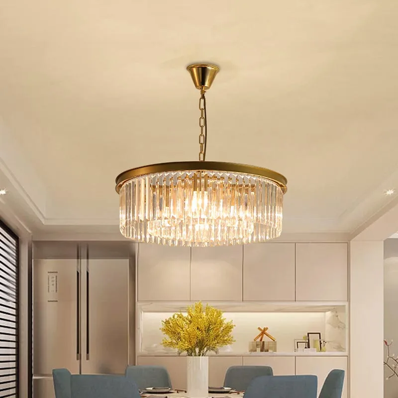

American Retro Ring Lamp Modern Gold Loft Bedroom Living Room Ceiling Chandelier Chain Hanging Luster K9 Crystal Pendant Lights