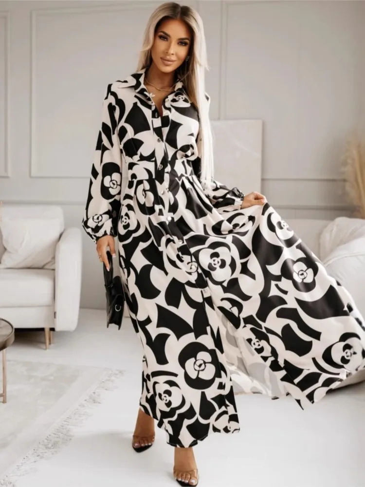 

Print Long Dress For Woman Fashion Flip Collar Long Sleeves Single-row Buckle Lace-up Skirt Ladies Spring Autumn Casual Vestidos