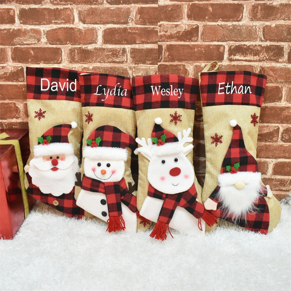 

New Embroidered Name Christmas Decorations 3D Cartoon Christmas Socks Personalized Any Text Kids Gift Bags Merry Christmas