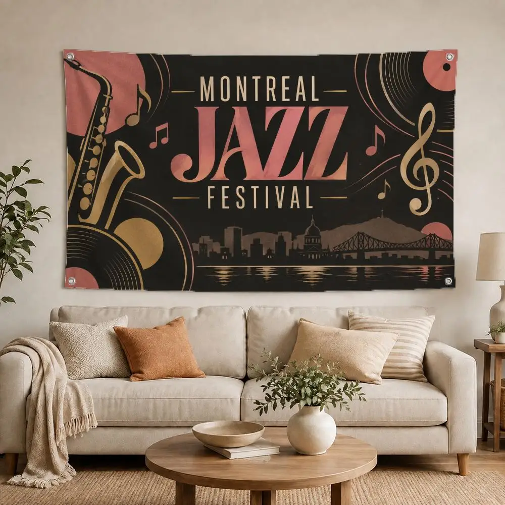 Montreal Vintage Jazz Music Night Flags Polyester Digital Printing Banner for Wall Art Out Door Decoration