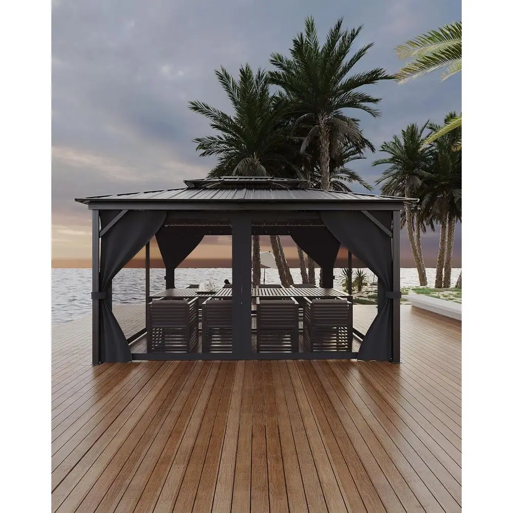 

All-Weather Hardtop Gazebo 12x14 ft with Double Roof, Net, Curtains, Ideal for Permanent Outdoor Spaces