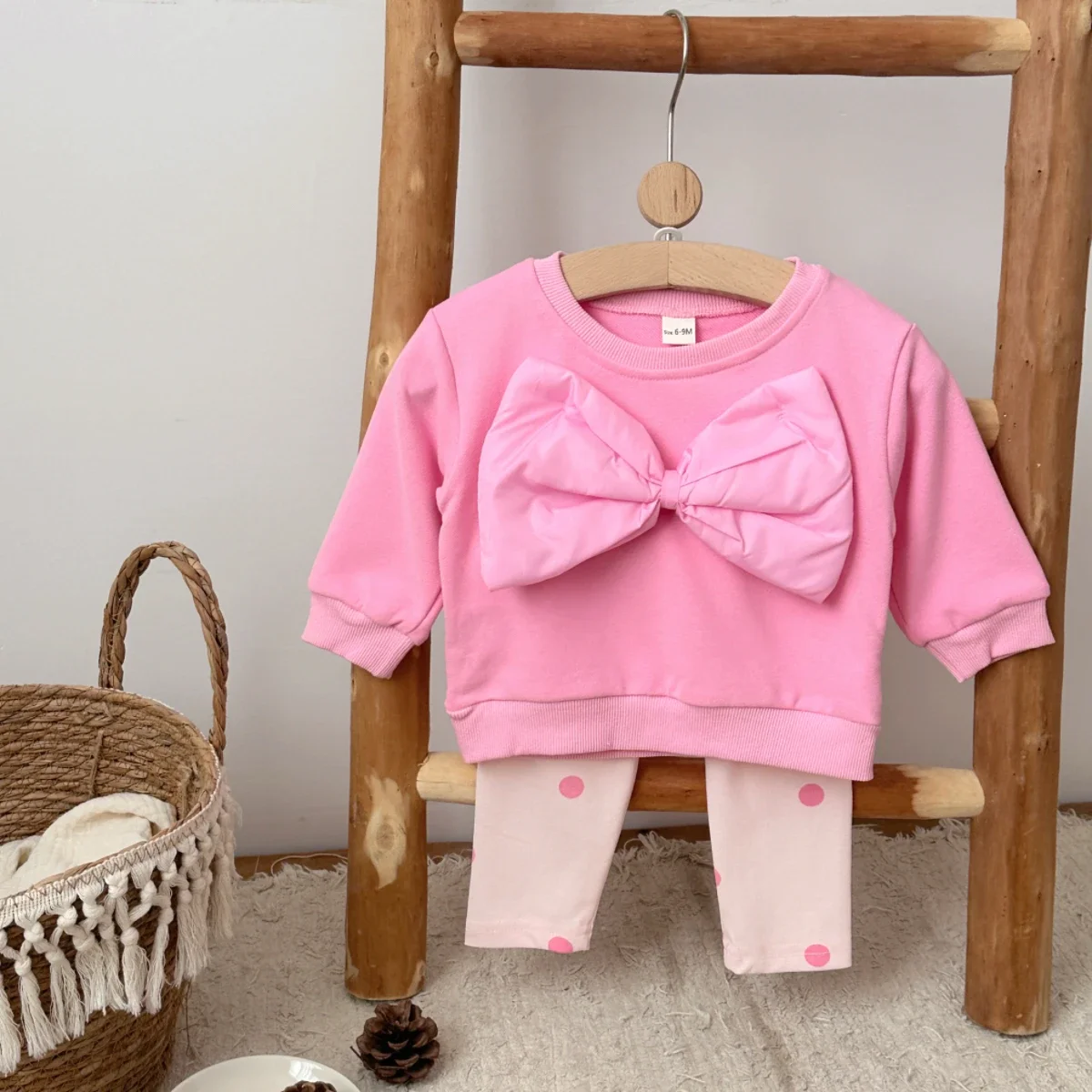 

Autumn Toddler Baby Girls Outfit Pink Big Bow Long Sleeve Sweatshirt Elastic Waist Pants Spring Baby Sets
