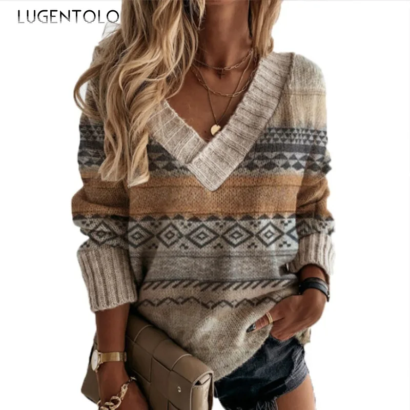 

Women Comfortable Sweaters Knitted New Autumn Winter Lady Casual Loose V-neck Jacquard Pullover Clothing Lugentolo