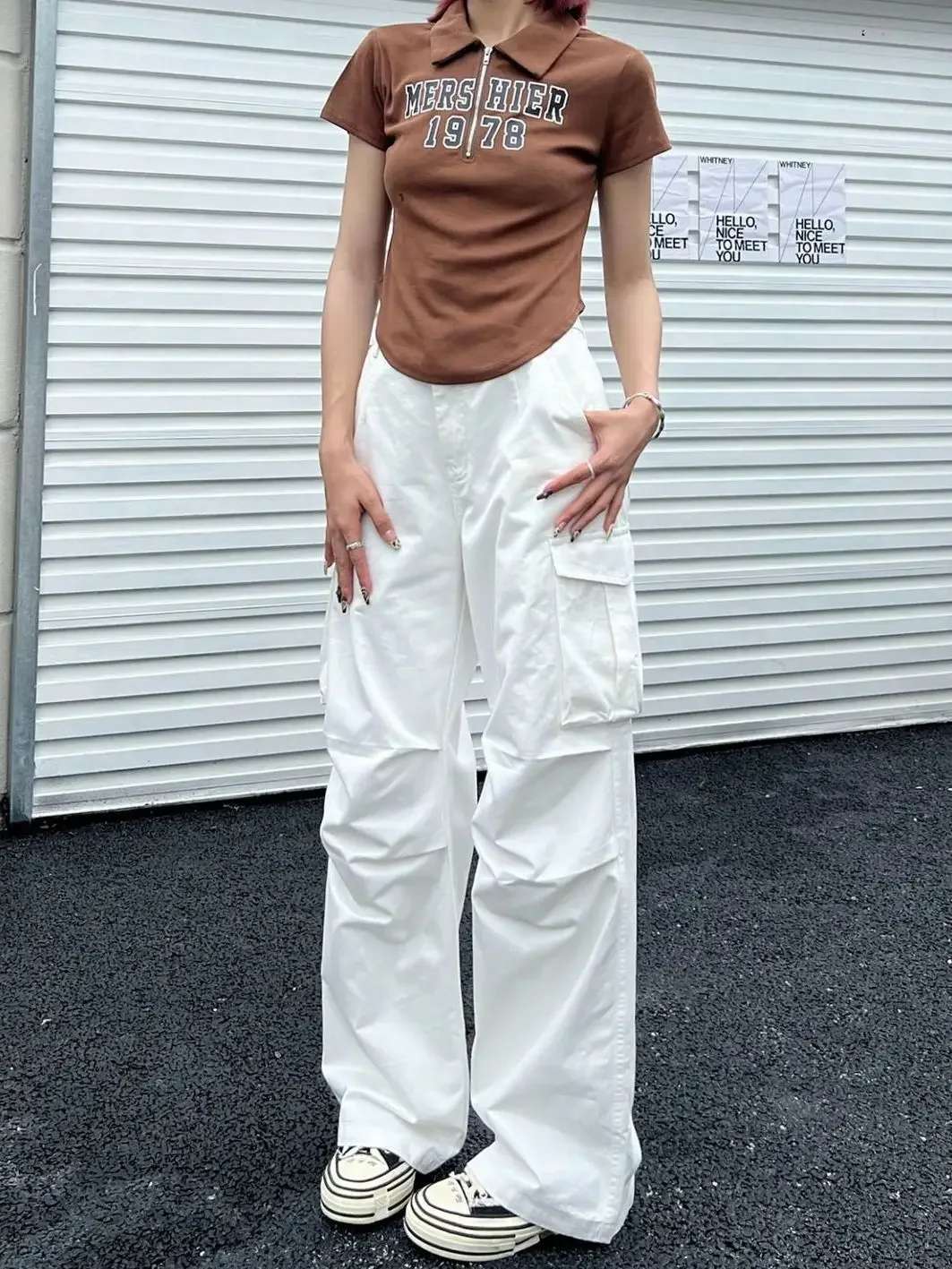 

Y2K Vintage White Cargo Pants Women Korean Style Brown Wide Leg Trousers Oversized Streetwear Retro Basic Pantalones