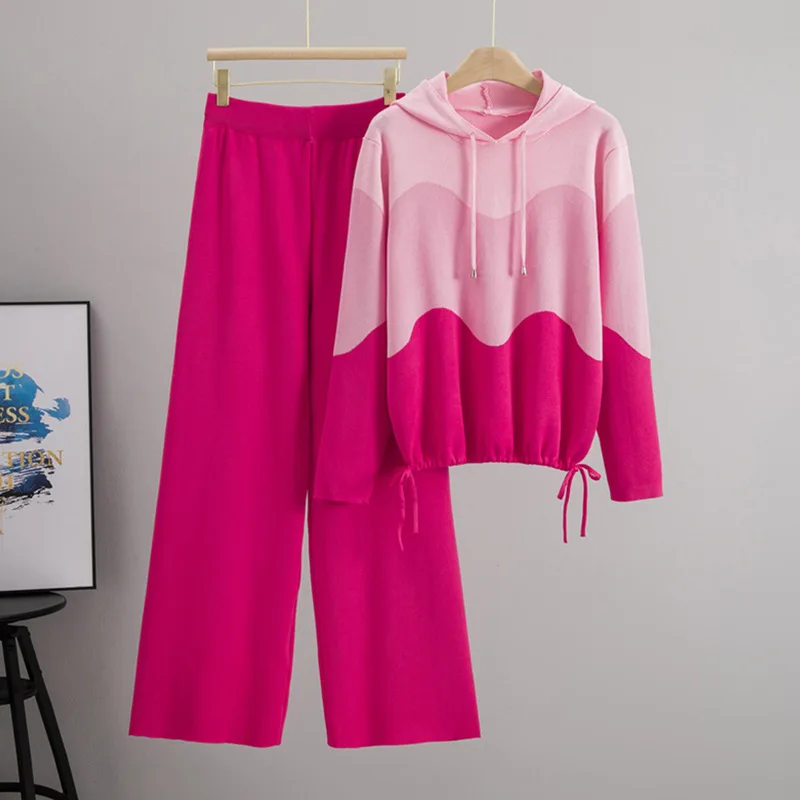 Greenora Coquette Old Money Minimalist Women Hooded Color Block Knit Sweater 2 Piece Set Modest Fashion