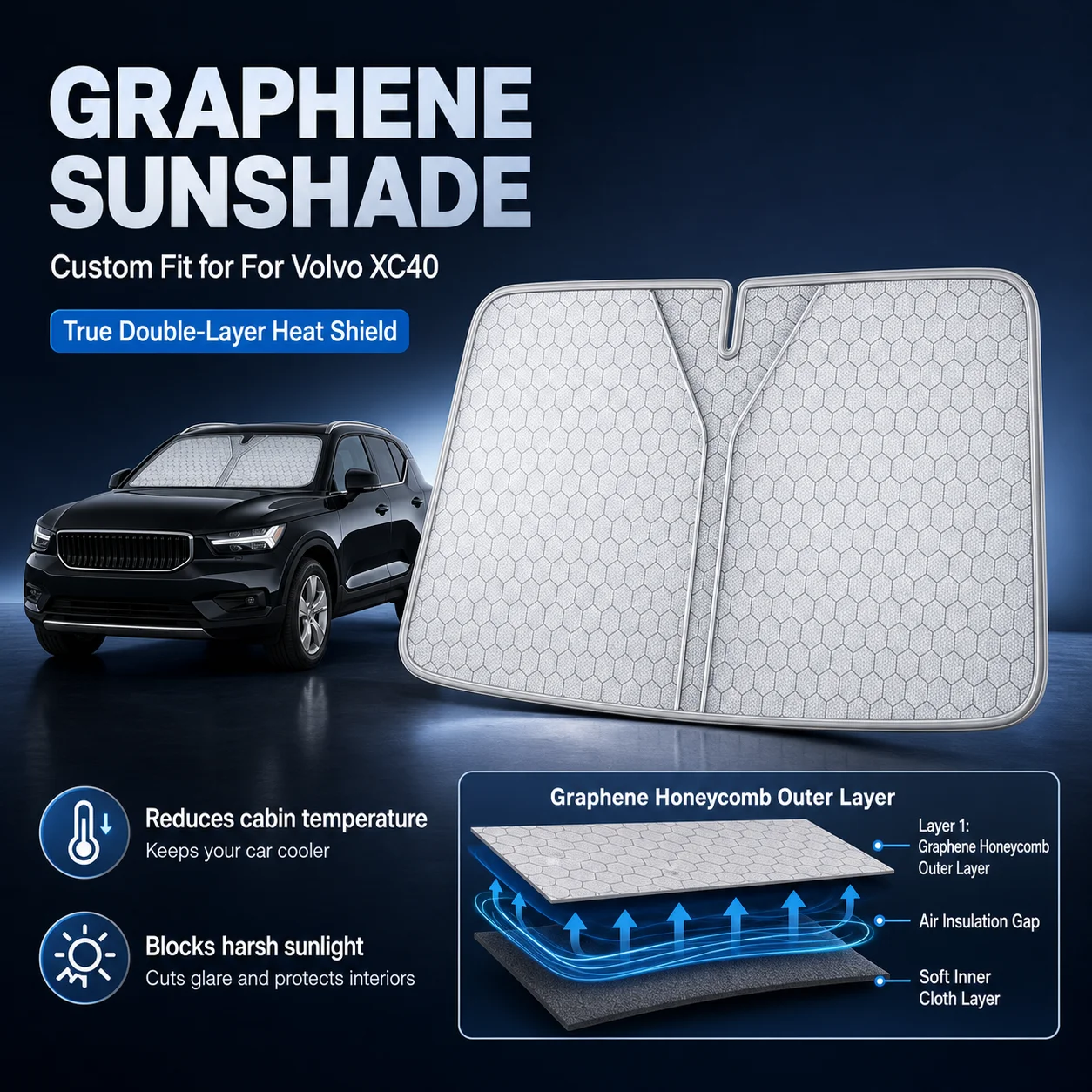 For Volvo XC40 Graphene Windshield Sunshade Custom Fit Car Sunshade UV Sun Protection Car Interior Accessories