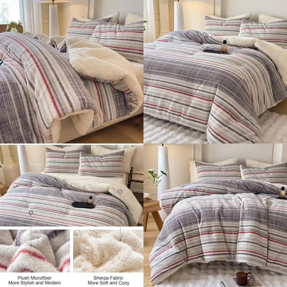 

Grey and Red Striped Sherpa Fleece Comforter Set with 2 Pillowcases, Queen Size, Plush and Warm