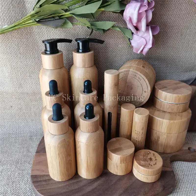 

High quality Biodegradable bamboo pump bottle plastic inner Empty Skincare Cosmetic packaging，costemic container for women