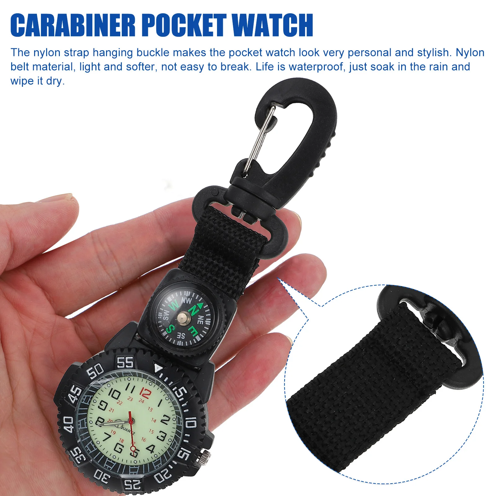 Compass Pendant Watch Nylon Strap Carabiner Clip Pocket Watch For Backpacker Hiking Mountaineering Outdoor Sports
