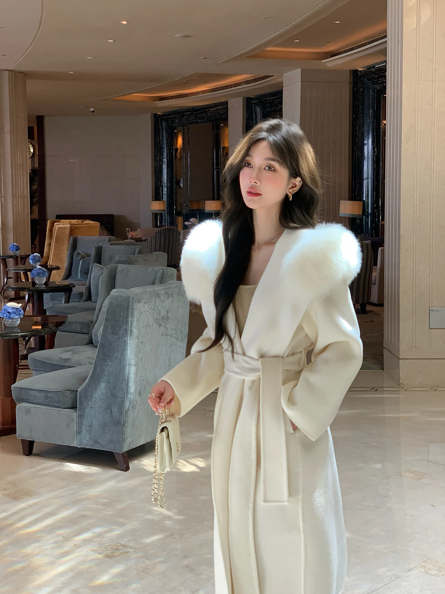 

Fur Double-Sided Woolen Coat Snowy Morning Rainbow High-End Camere Woolen Jaet Hooded Commute Slim Fit Long Sve V-...