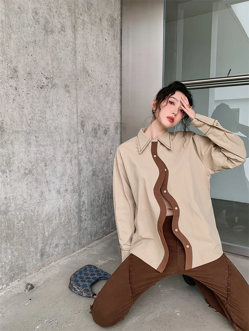 CHEERART Designer Long Sleeve Shirt For Women Wave Button Up Khaki Oversized Shirt Fashion Top And Blouses Spring 2023 Clothing