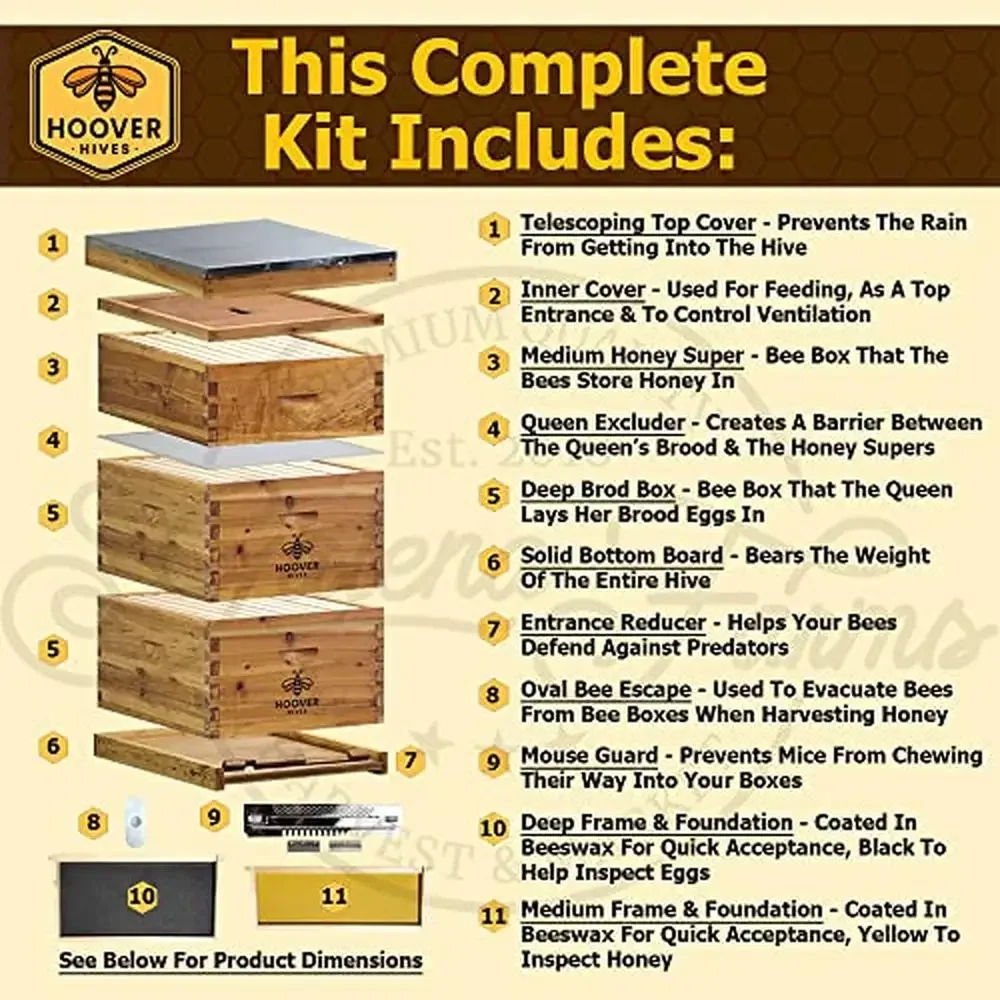 

Langstroth Beehive Kit 8 Frame with 100% Beeswax Coating Wooden Frames Waxed Foundations 2 Deep Boxes 1 Medium Box Dovetail