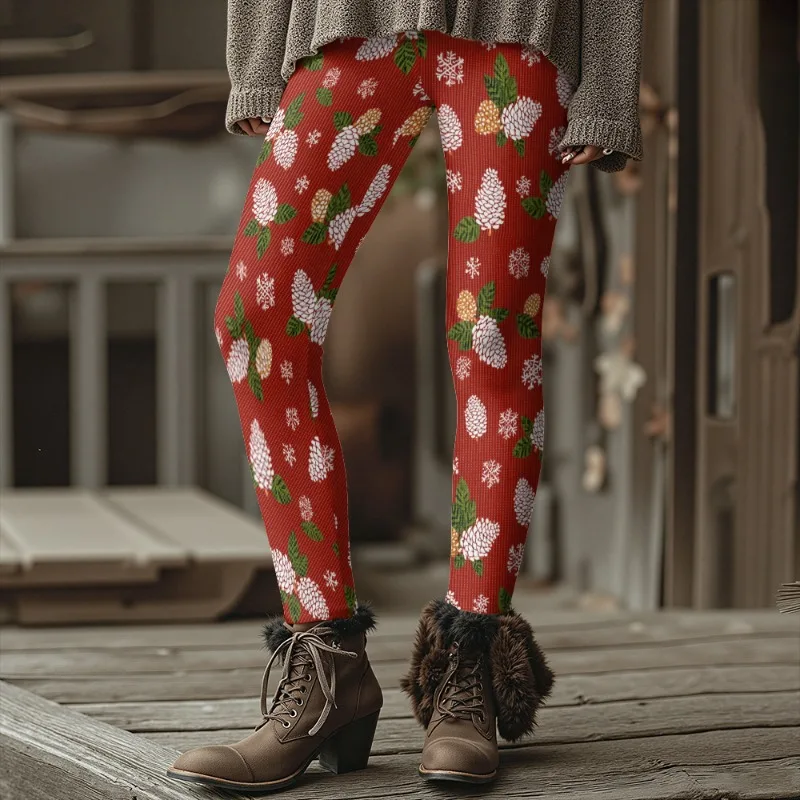 Bunte hässliche weihnachtliche gemütliche Winter-Thermo-Leggings für Frauen, festliche nordische Strumpfhosen mit Rentier-Schneeflocken-Baum-Muster – Detail 13