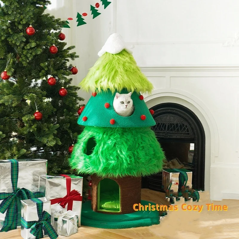 New Design Christmas Tree Cat Post Kitten Sisal Scratch Cat Houses Jute Scratching Tree Heavy Duty Tower for Indoor Cats