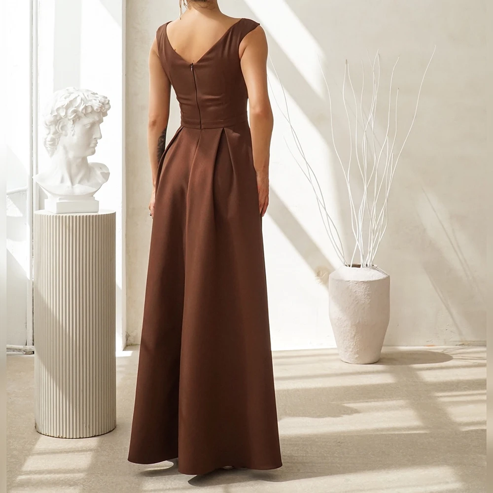 فساتين سهرة مخصصة على شكل حرف a بطول الأرض ورقبة بدون أكمام فستان حفلات بسيط Fsahion فتحة جانبية ثنيات بدون ظهر للحفلات