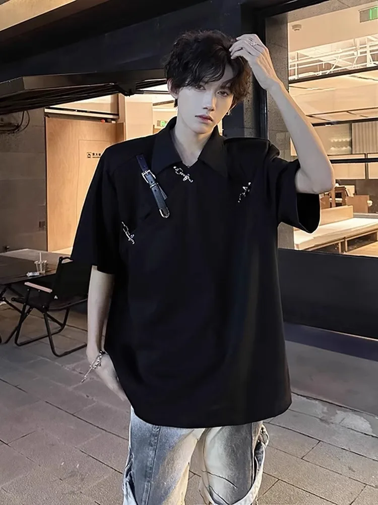 

Metal Decorated irt ort Sve Turn-down Collar T-irt oulder Pads Summer Faion Streetwear Youth ular Loose Fit