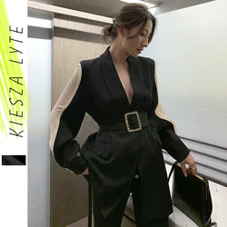 Blazer da donna Feminino Cintura con fibbia in metallo dorato Blazer neri Femme Giacca da donna di moda Cappotto Outwear Mujer 2024 di alta qualità