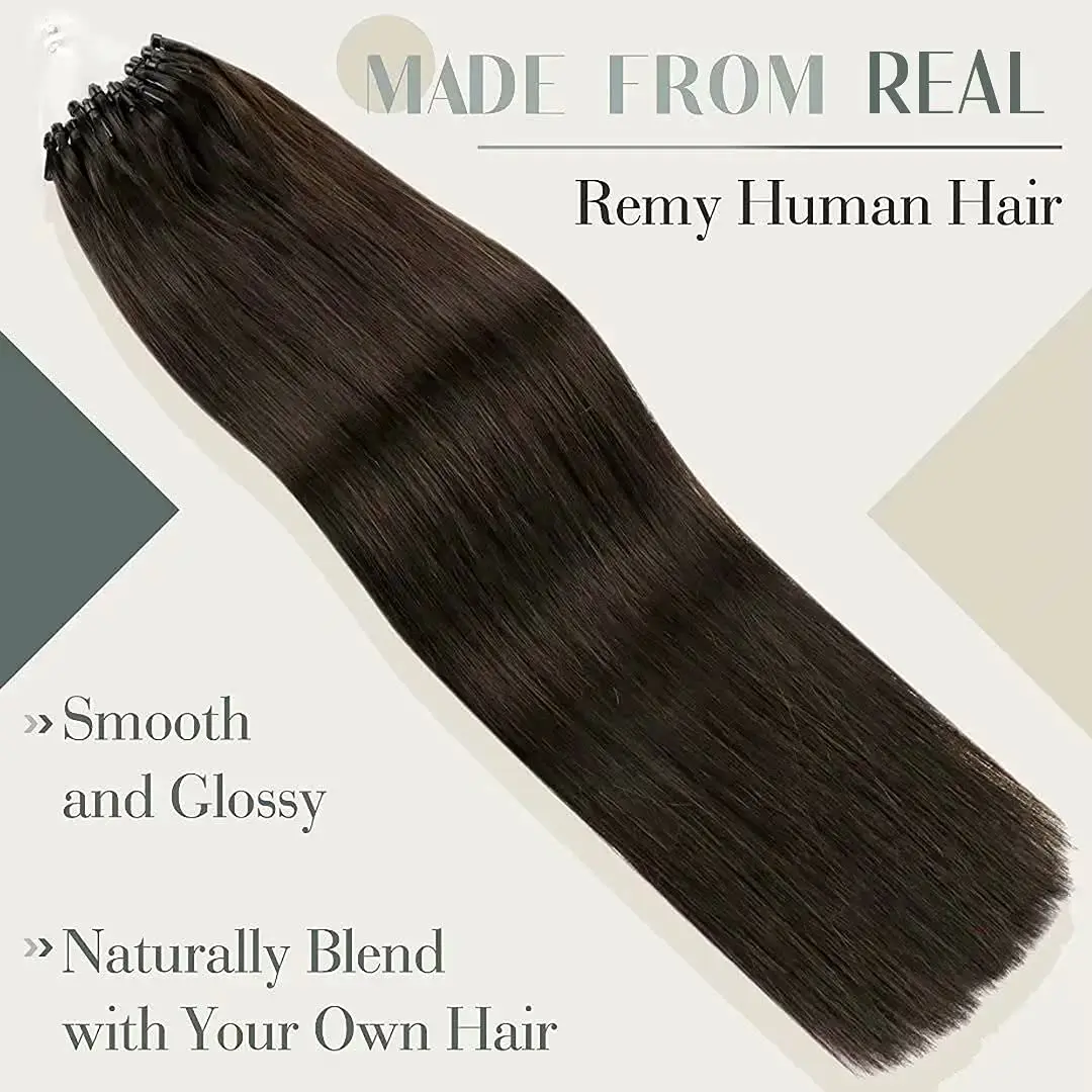 Extensões de cabelo micro laço para mulheres, cabelo humano 100% remy, anel reto, cor marrom escuro #2, 16-26 em, 50g, 100g