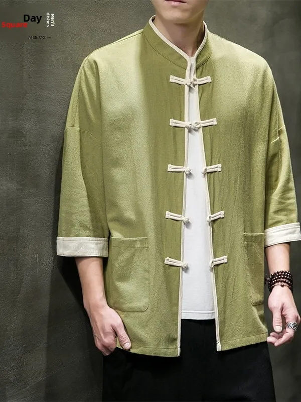 

Men's Summer Thin Cotton Linen ort Sve irt Loose Fit Large Size Seven Sve Chinese Sle Button down Tang Costume