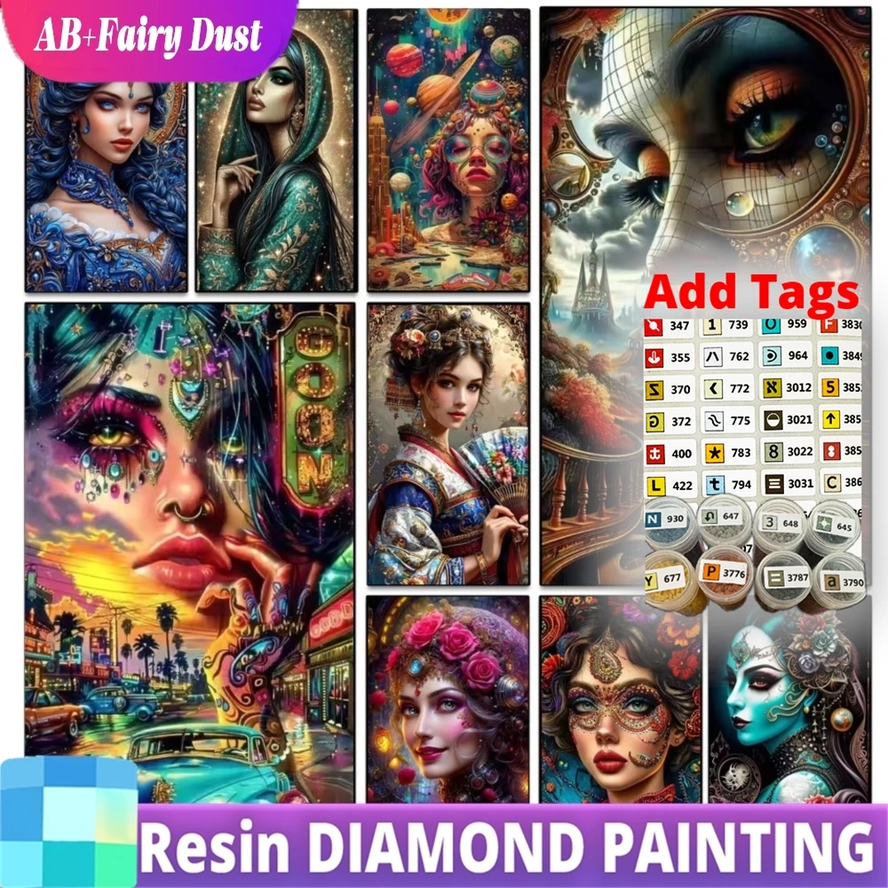 Resin Fairy Dust AB DIY Diamond Painting Psychedelic Women's Planet Pattern Large Size Full Square Round Tattooed Woman Beauty D