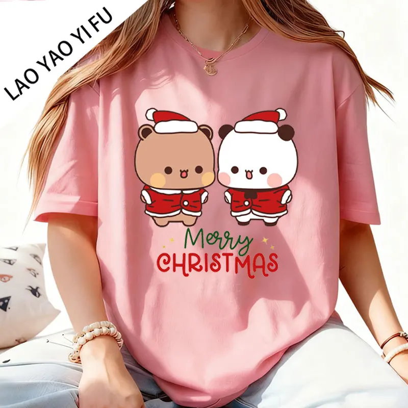 Kawaii Snowman Bubu Dudu Christmas Graphic Tshirt Trendy Funny Cartoon Panda Printing Woman Shirt Fashion Holiday Cotton Tees