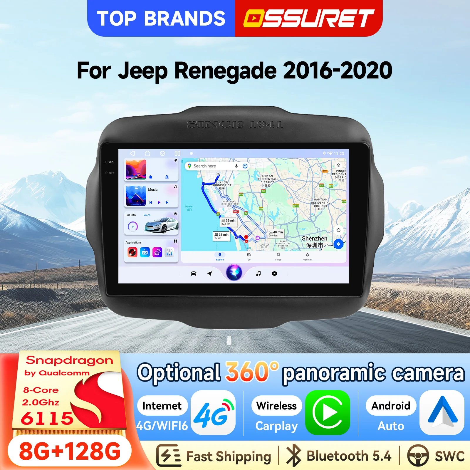 OSSURET Consegna Rapida 2 Din 6115 GPS 9'' Android 15 Octa Core Autoradio per Jeep Renegade 2016-2020 Autoradio WiFi 4G Unità Principale DSP RDS FM AM Radio Audio Navigazione Lettore Multimediale