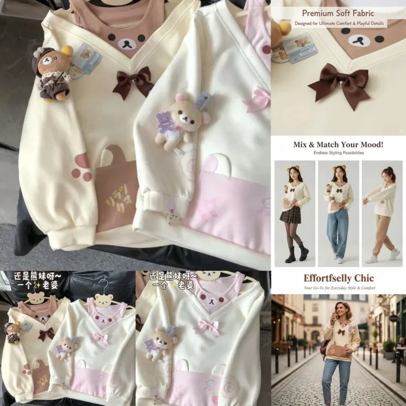Bow Y2K Rilakkuma Top Printed Sweet Shirt Women Autumn Winter Carton Anime Cotton Long Sleeve False 2 Piece Fun Girls Top New