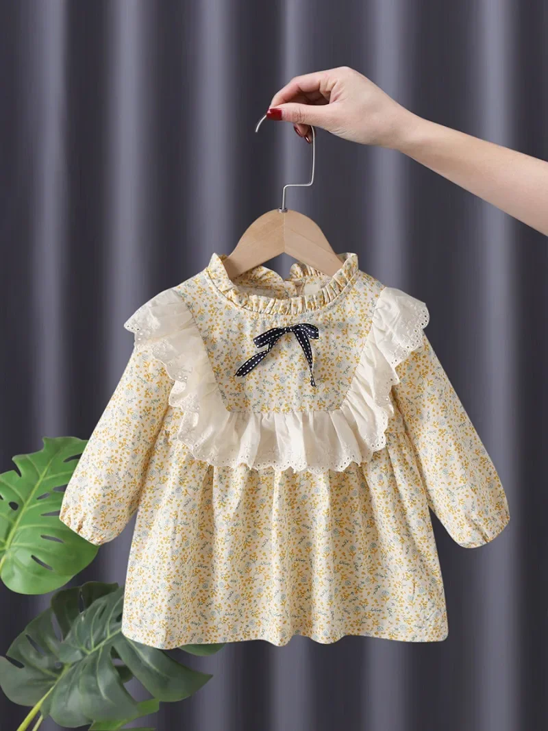 spring autumn one piece dress girls shivering fashion Loose all-match outdoor lace bow turn-down collar