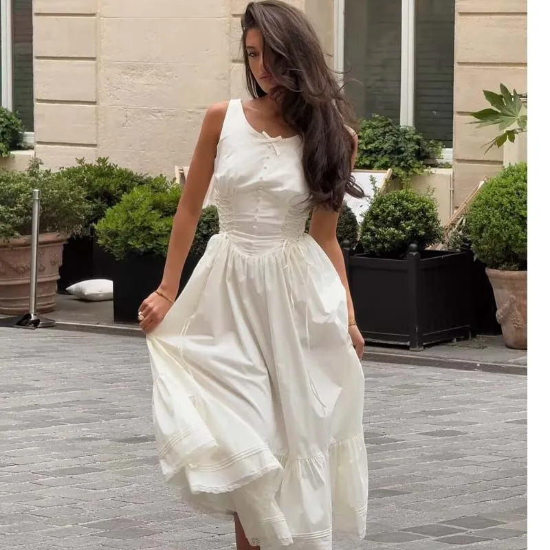 

YENKYE Bohemian Style Bow O Neck White Midi Dress Women Front Lace Up Bandage Sleeveless Casual Summer Dresses Holiday Robe