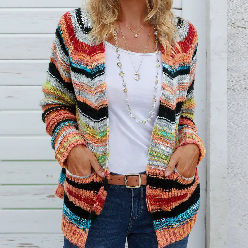 

2023 Autumn/Winter Long Sleeve Cardigan Casual Knitted Sweater Coat Women's Clothes Fashion Rainbow Stripe Sweater Jacket 29014