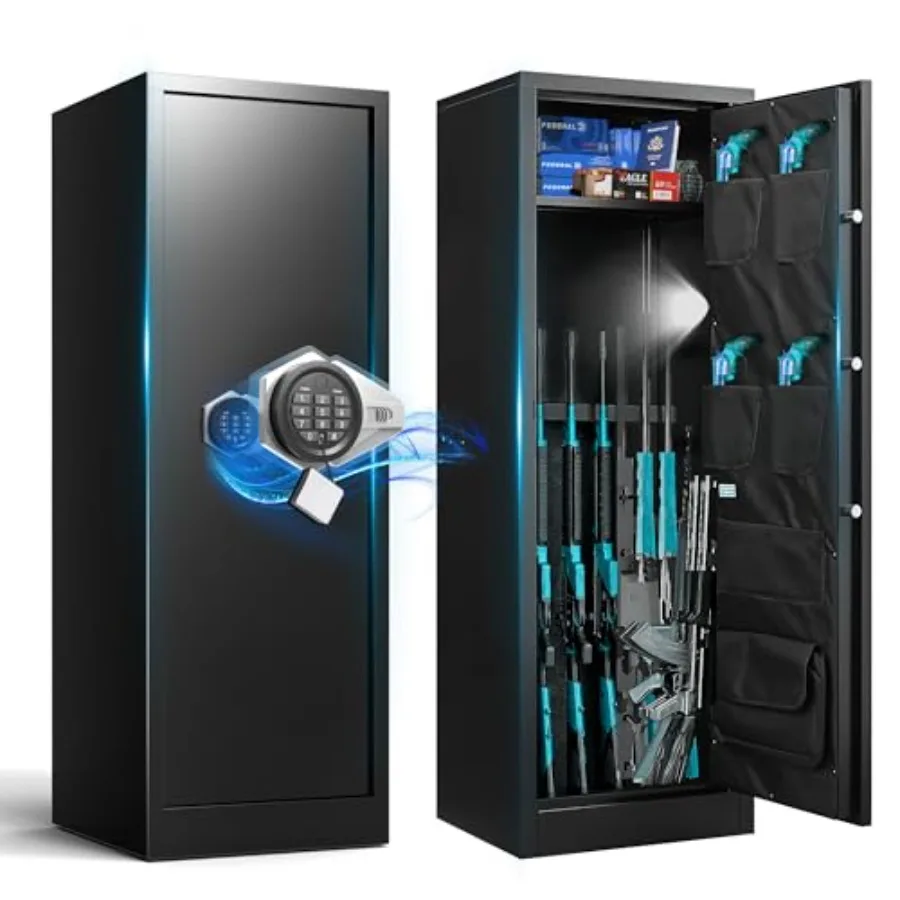 

Сейф для оружия на 8-12 пистолетов/винтовок для дома с двойной системой сигнализации, 51.96 дюймов в высоту, для ружей и пистолетов, с режимом отключения звука, оружейный шкаф