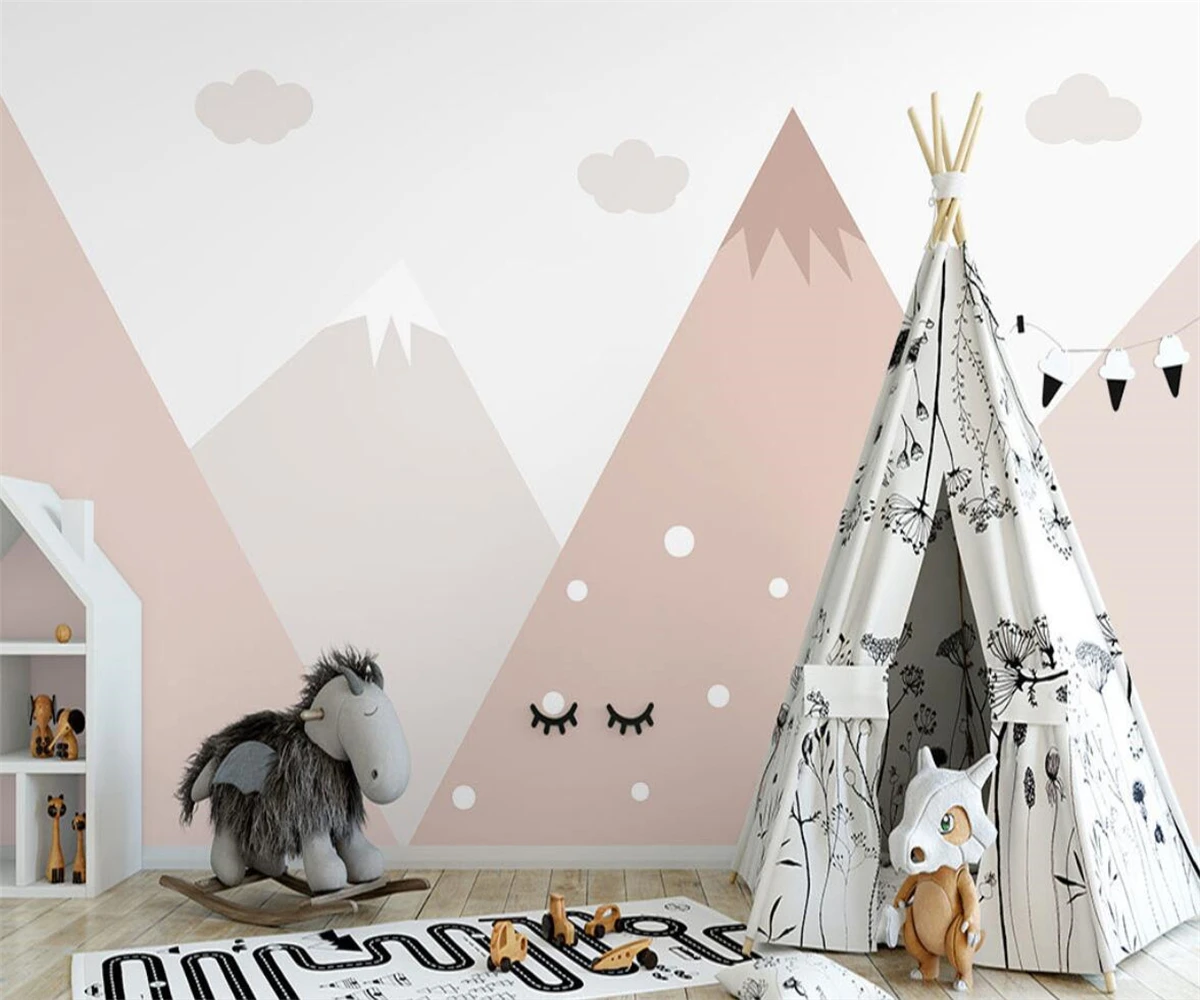 Nordic Custom wallpaper hand drawn pink geometric mountain peaks wall covering mural for living room background 3d wallpaper