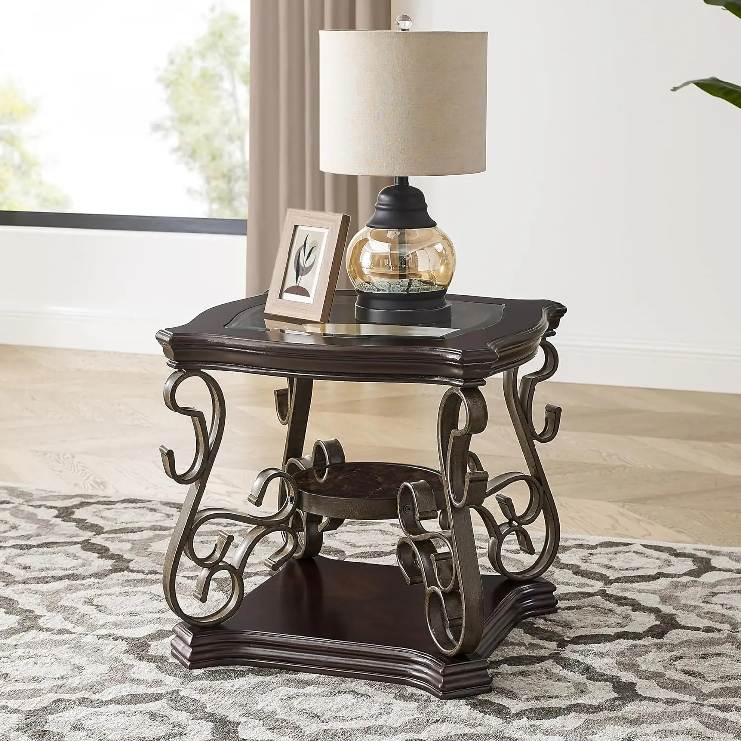 

26.3'' Dark Brown Retro Wooden End Coffee Table with Glass Top for Living Room Dining Room Bedroom Office(Brown)