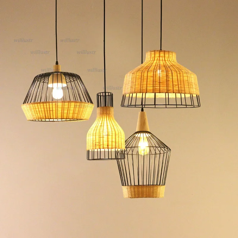 Retro Iron Ceiling Chandelier Hand Knitted Bamboo Pendant Lamp Hotel Cafe Club Lounge Dining Bedroom Suspension Hanging Light