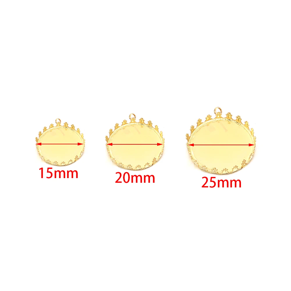 10pcs/lot 15/20/25mm Copper Round Pendant Cabochon Base Crown Shape Blank Setting Tray For DIY Jewelry Making Necklace Earrings