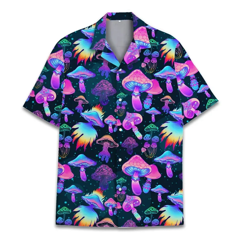 Camicia hawaiana con stampa 3D di funghi colorati per uomo Vacanze estive Piante Camicie da spiaggia Camicia Aloha da strada a maniche corte con bottoni