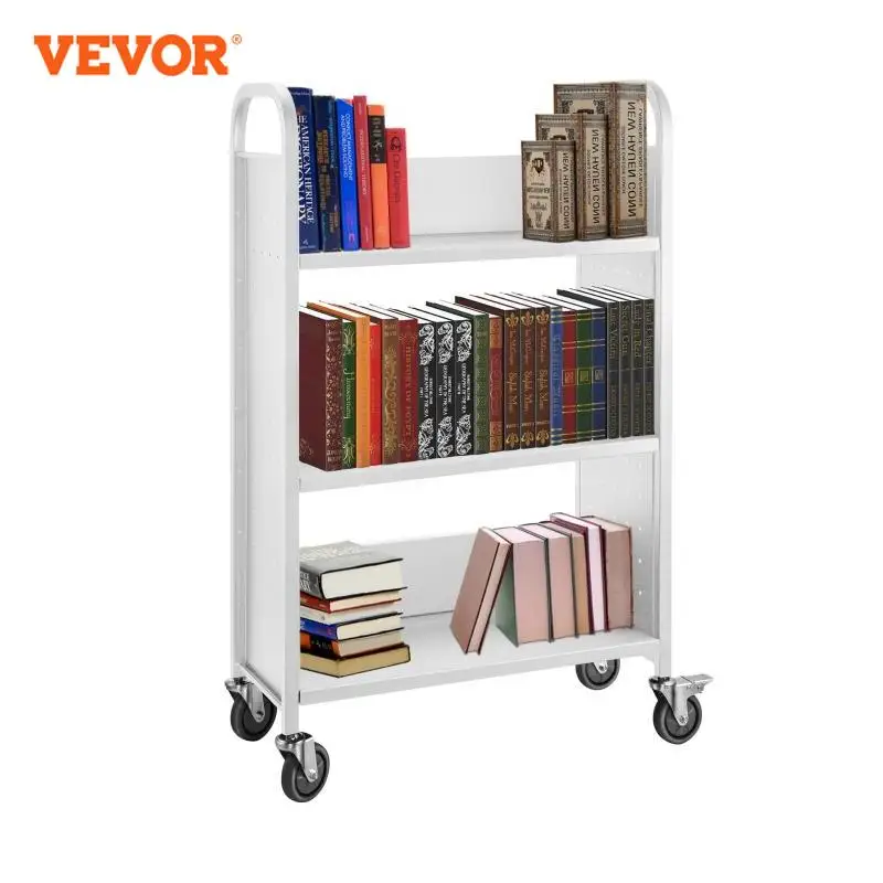 VEVOR 30x14x45 Inch Book Cart Library Cart 200lb with Single Sided L-Shaped Sloped Shelves in Black White for Home Office School