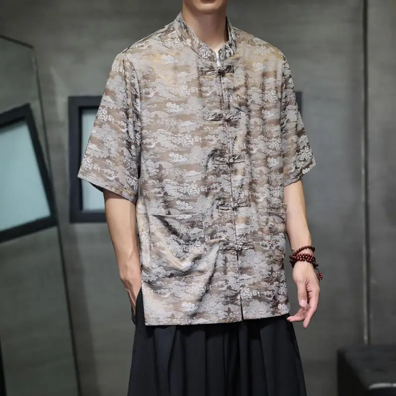 

2026 Summer Men's New Chinese Style Tang Shirt Landscape Brocade Jacquard Frog Button Mandarin Collar Loose Short Sleeve Top Man