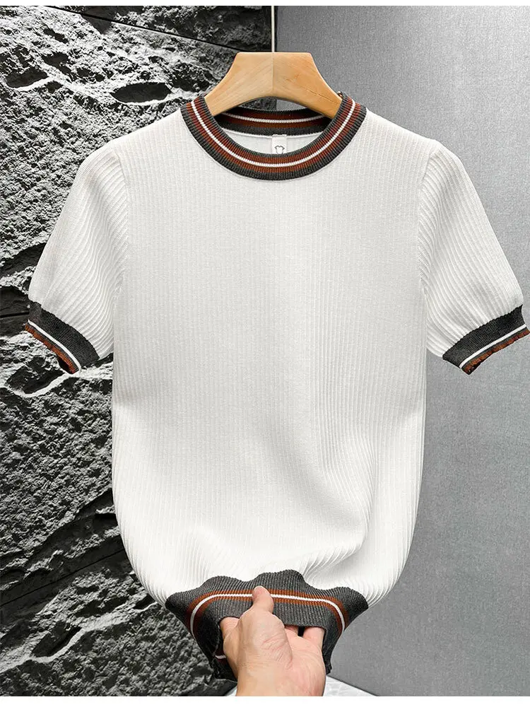 Pakaian Rajut Tipis dari Bahan Sutra Es untuk Pria Musim Semi Musim Panas Kasual Slim Fit Desain Kerah Lipat T-shirt Muda