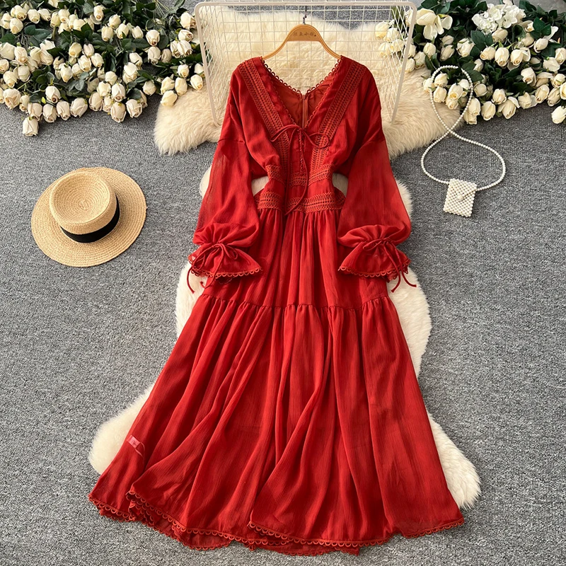 Women's Red Maxi Dress V-neck Lace Trimmed Long Lantern Sleeves Bohemian Style Dress Hollowed Out Beach Party Dress C625