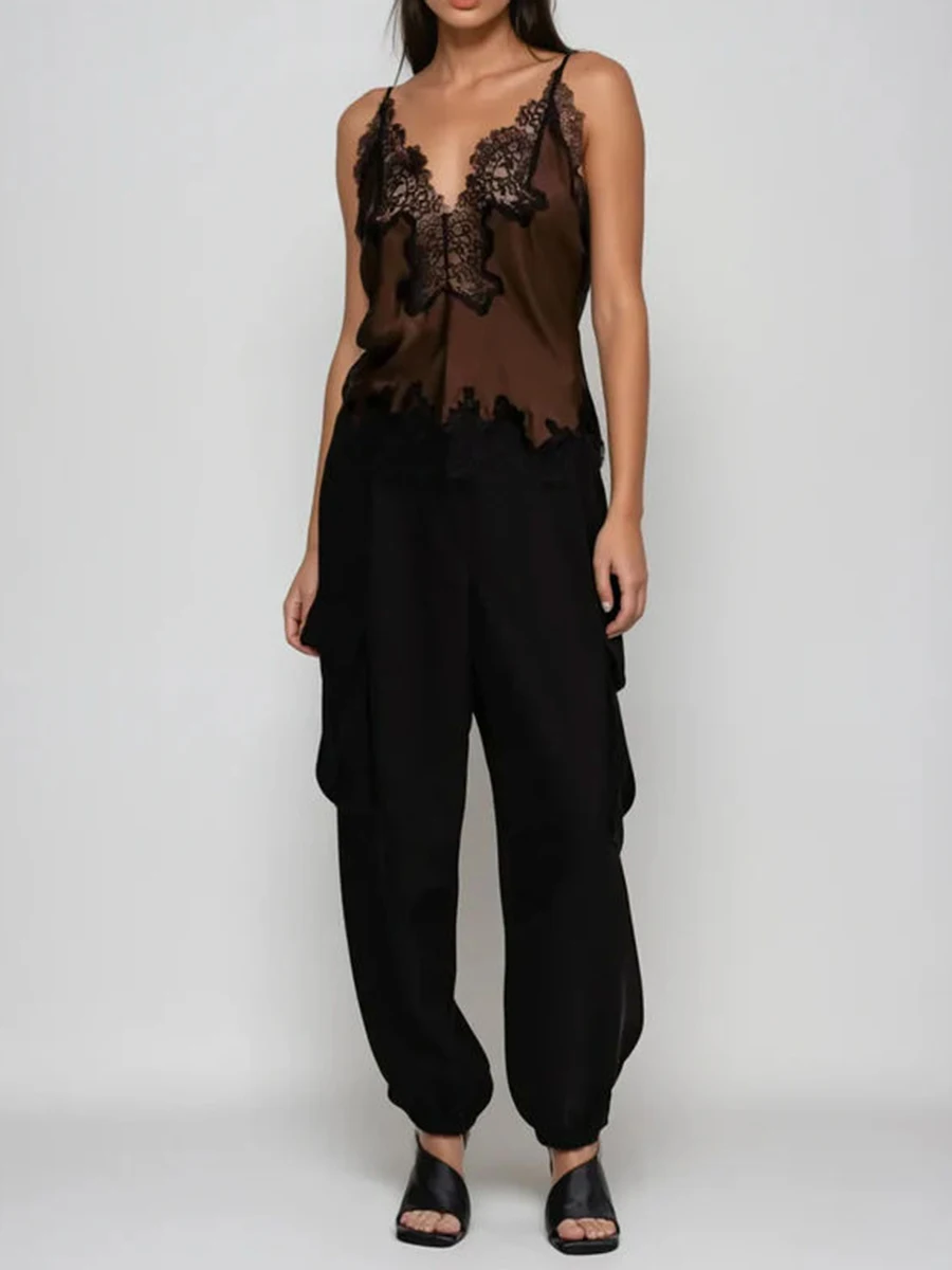 TWOTWINSTYLE Colorblock Slimming Fashion Vest for Women V Neck Sleeveless Patchwork Lace Temperament Tops Female Clothing New