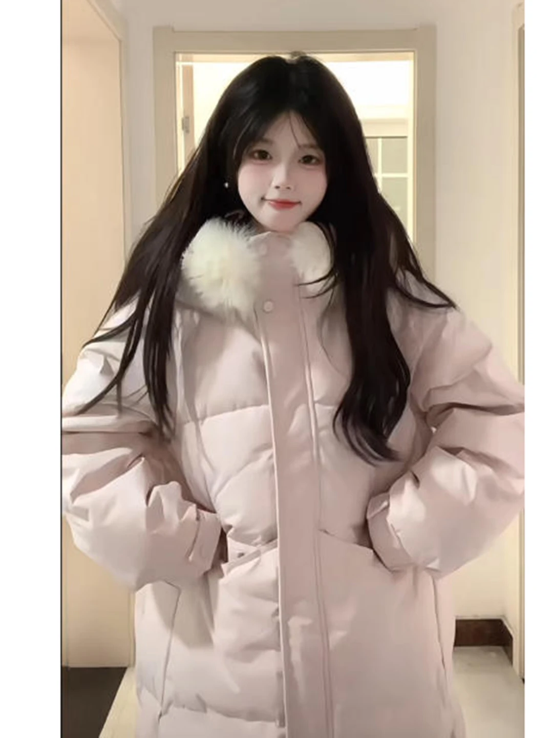 Różowy długi płaszcz puchowy damski zimowy ocieplany luźny krój duży kołnierz z futra bawełniany płaszcz wierzchni dojazdy do pracy styl koreański