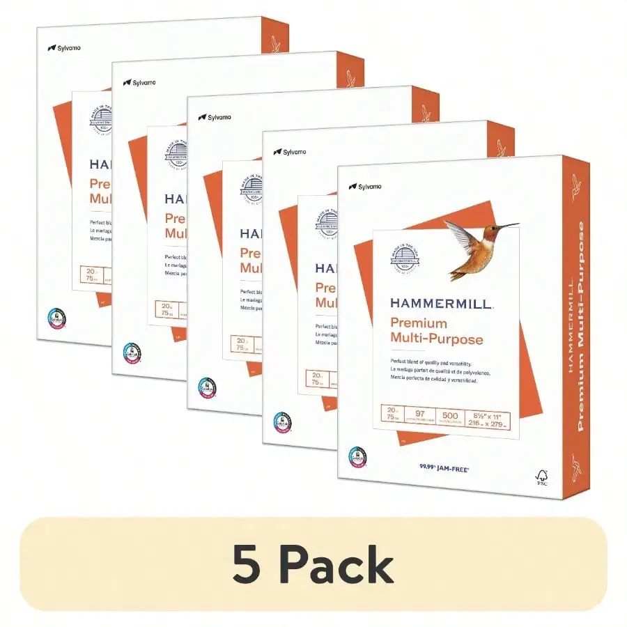 5-Pack Premium Multipurpose Paper 8.5x11 White 20lb, High-Quality Copy & Printer Paper for Office & Home, 500 Sheets