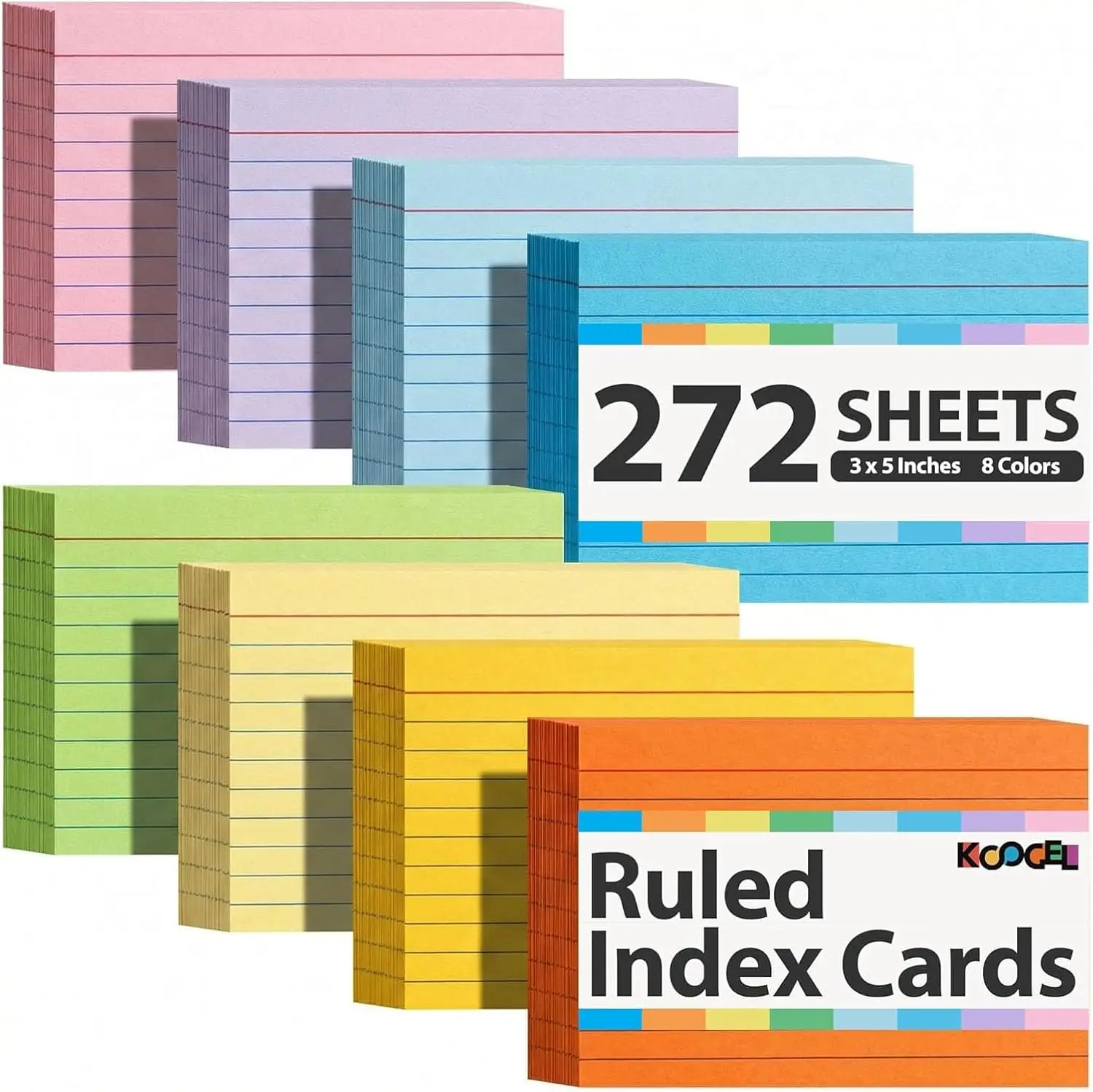 

272 Colored Index Cards 3x5, Ruled Flash Cards for Study, Heavyweight Lined Notecards for Students Teachers