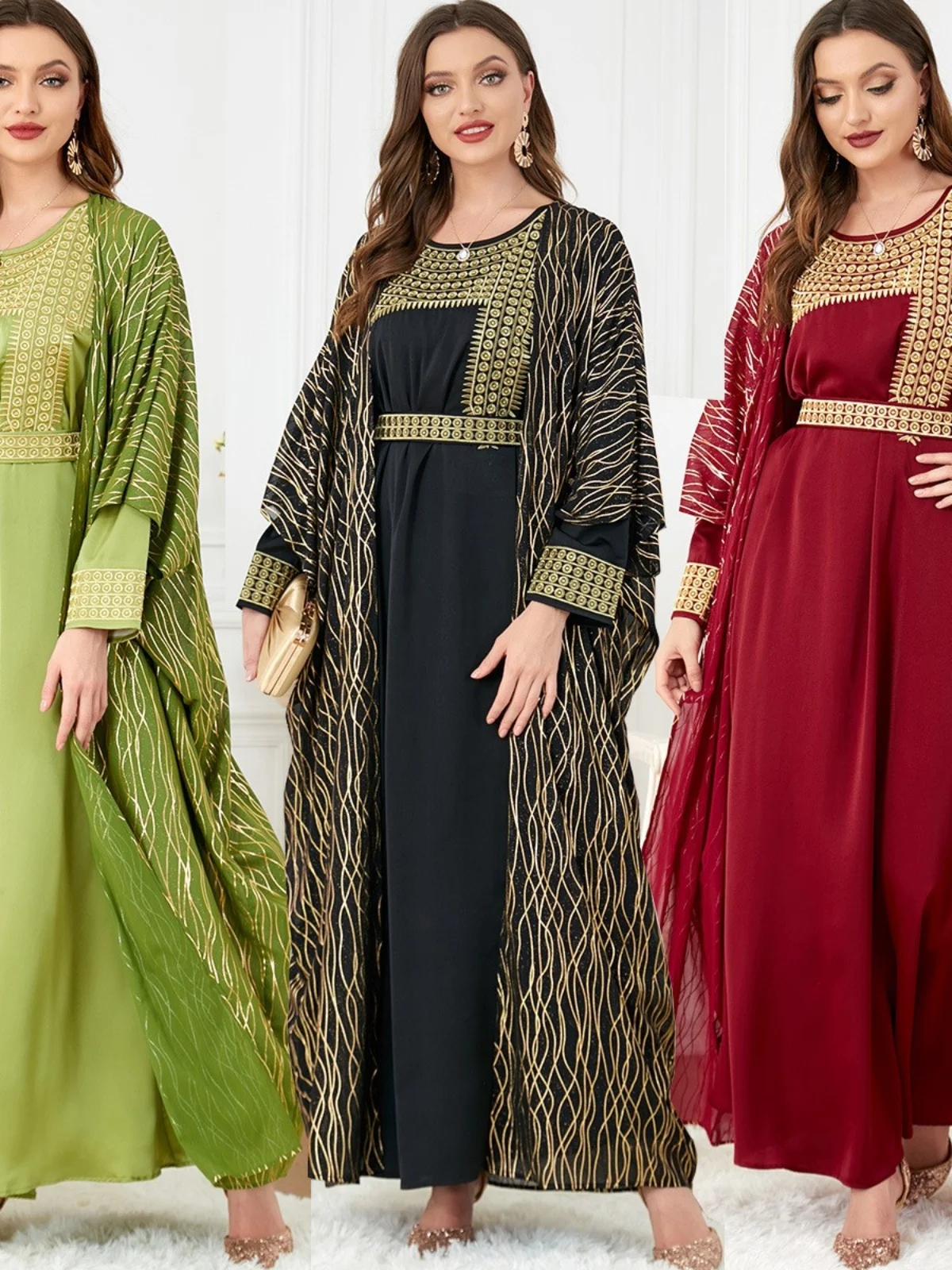 Middle East Indonesia Women's round Neck Embroidery Bronzing Belt Long Sleeve Dress Cardigan Robe Two-Piece Set