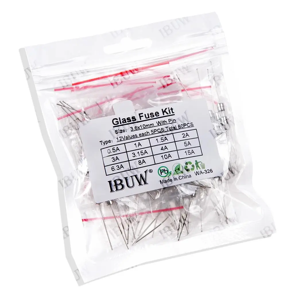 12Values 60PCS 3.6x10mm Glass Fuse with Pin Kit for Electronics Circuit Protection KIT 3.6*10