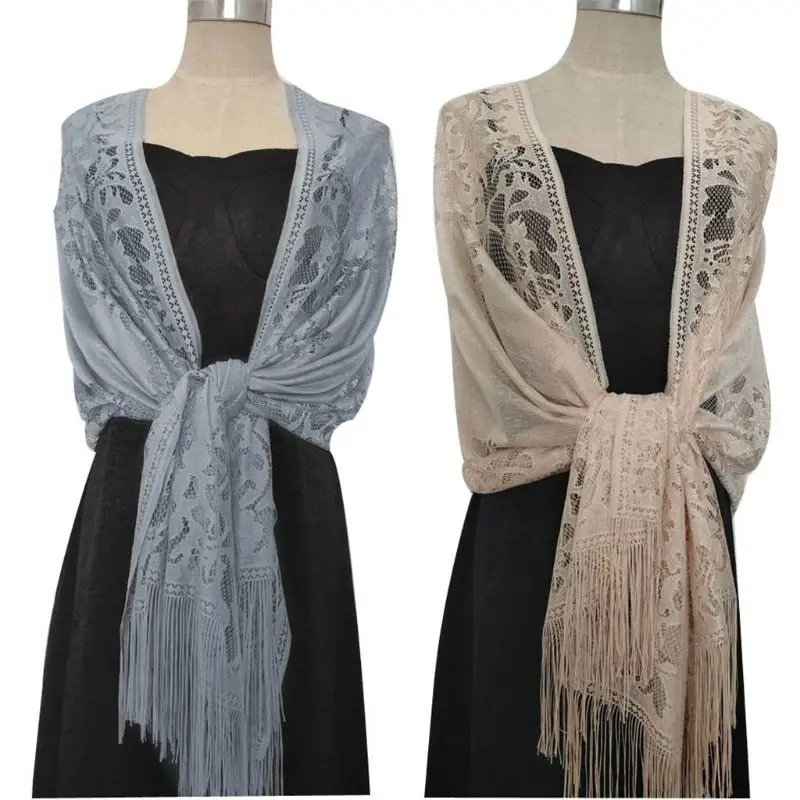 185x63cm Wanita 1920-an Syal Membungkus Hollow Keluar Renda Bunga Rumbai Rumbai