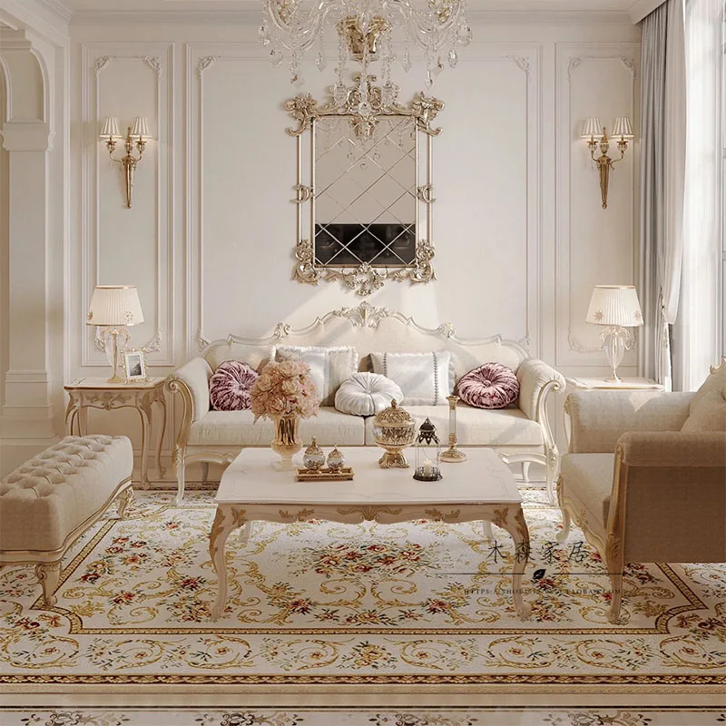 

French light luxury court style fabric sofa solid wood carving flower living room