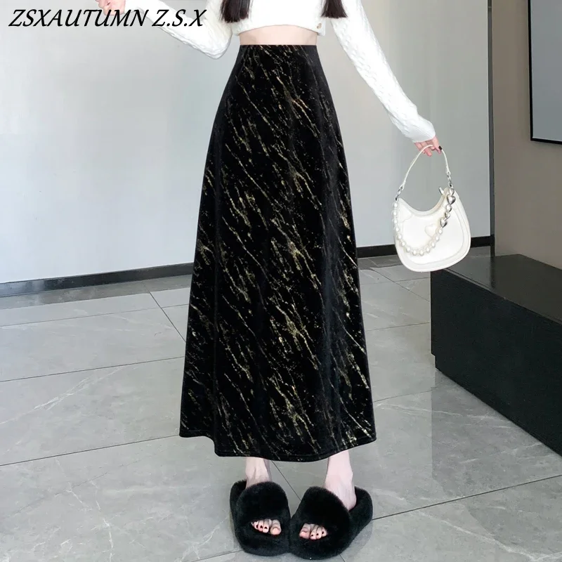 Black Golden Velvet Skirt Femme Autumn New Medium Length Black Straight Tube Skirt Silk High Waist Women Clothing